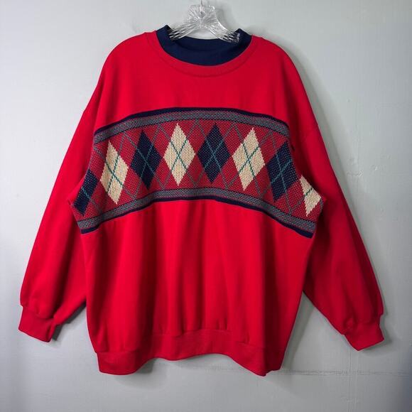 Vtg 90s Nucleus Woman Red Navy Blue Argyle Sweater Inset Sweatshirt Women's 2X - Picture 1 of 10